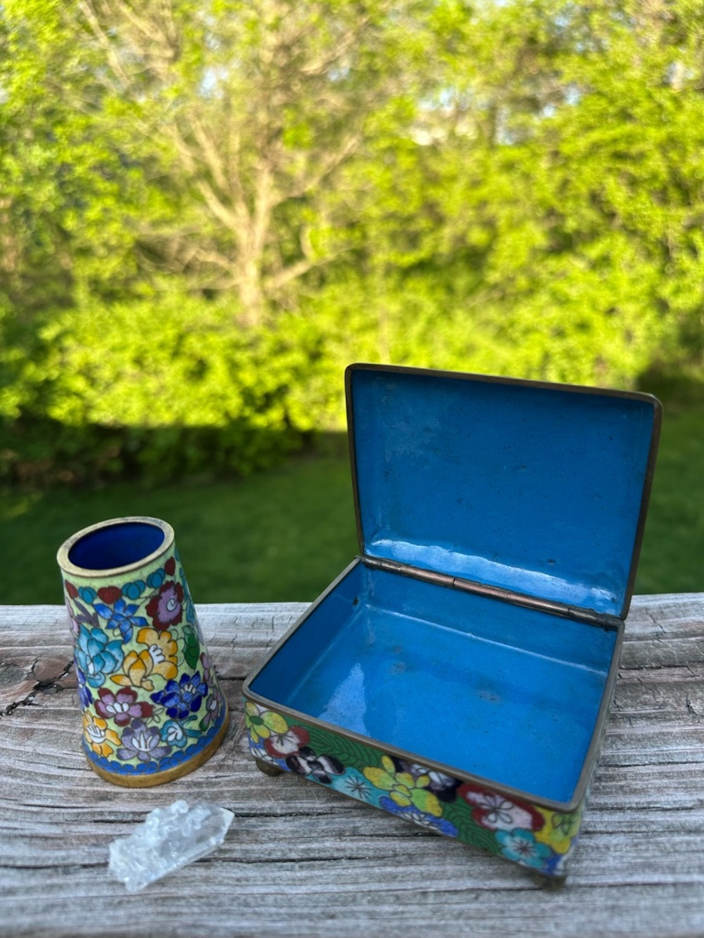 Vintage Cloisonné Floral Trinket Box and Brush Holder Set - hand painted